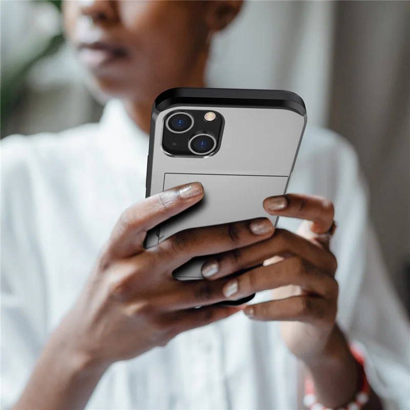 Card Holder Phone Case for iPhone 15 Plus , TPU + PC Dual Layer Anti-drop Phone Cover - Grey