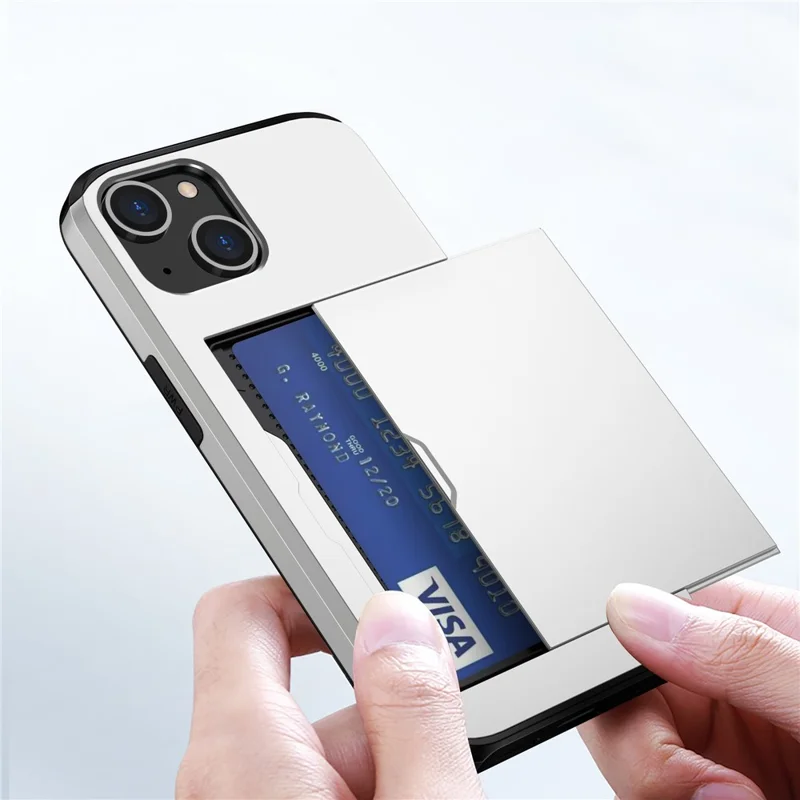 Card Holder Phone Case for iPhone 15 Plus , TPU + PC Dual Layer Anti-drop Phone Cover - Silver