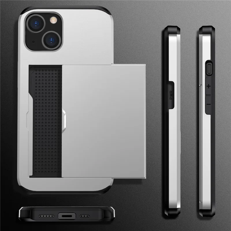 Card Holder Phone Case for iPhone 15 Plus , TPU + PC Dual Layer Anti-drop Phone Cover - Silver