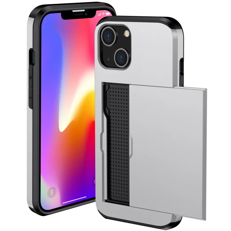 Card Holder Phone Case for iPhone 15 Plus , TPU + PC Dual Layer Anti-drop Phone Cover - Silver