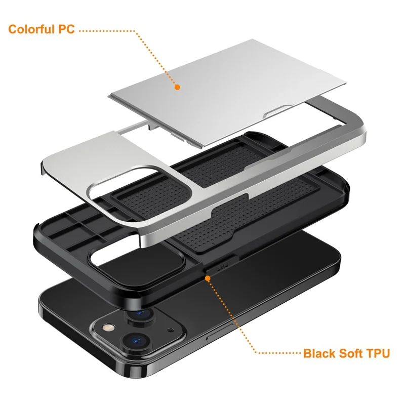 Card Holder Phone Case for iPhone 15 Plus , TPU + PC Dual Layer Anti-drop Phone Cover - Silver