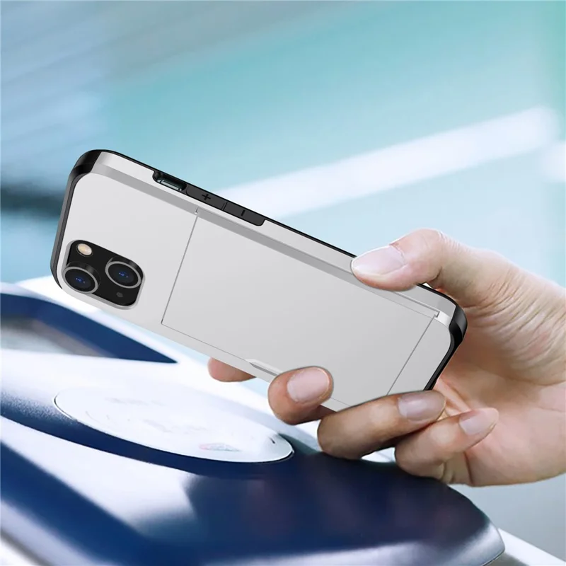 Card Holder Phone Case for iPhone 15 Plus , TPU + PC Dual Layer Anti-drop Phone Cover - Silver