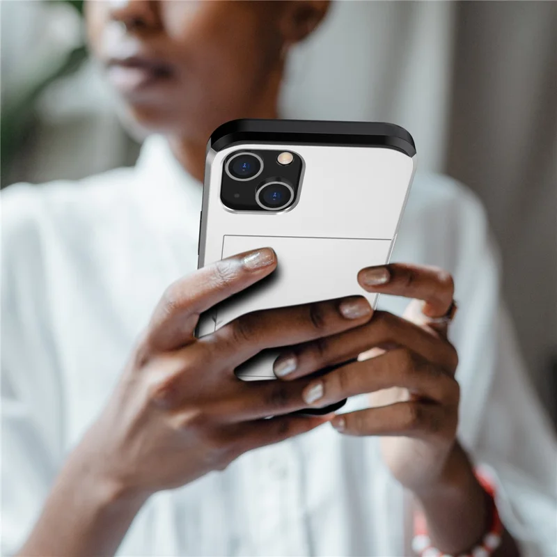 Card Holder Phone Case for iPhone 15 Plus , TPU + PC Dual Layer Anti-drop Phone Cover - Silver