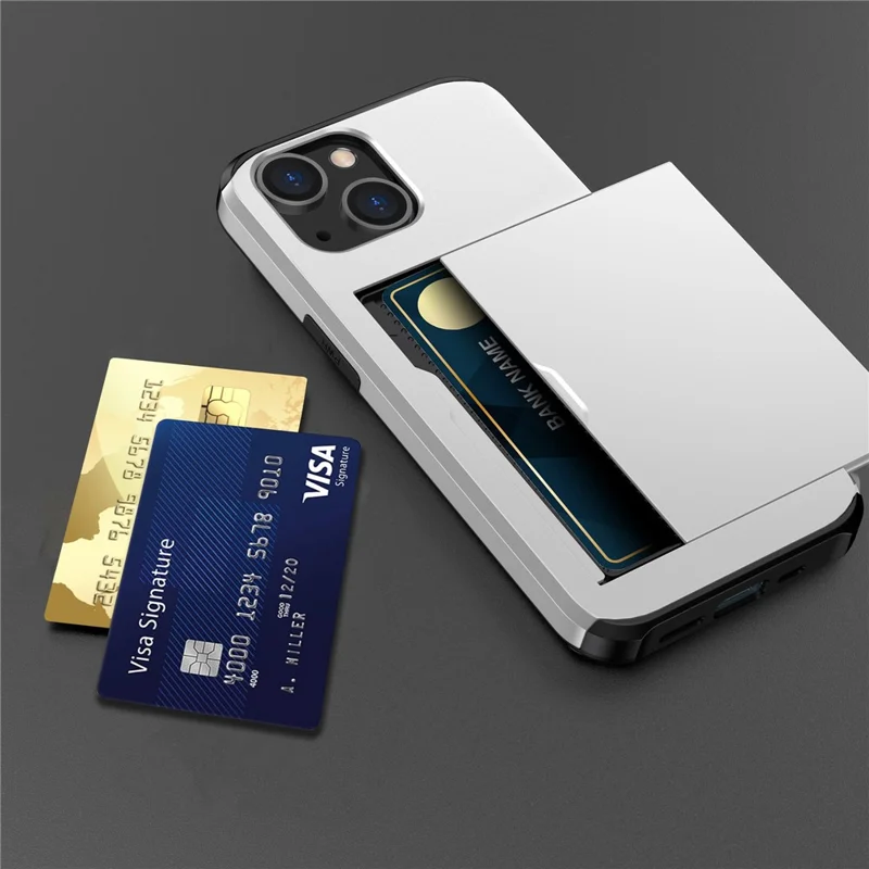 Card Holder Phone Case for iPhone 15 Plus , TPU + PC Dual Layer Anti-drop Phone Cover - Silver