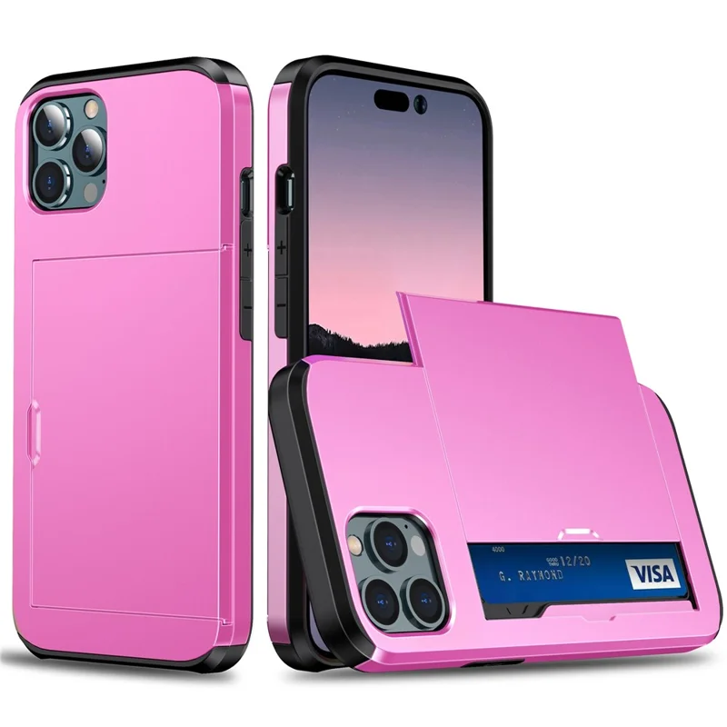 Slide Card Holder Phone Cover for iPhone 15 Pro , TPU + PC Dual Layer Phone Protective Case - Pink