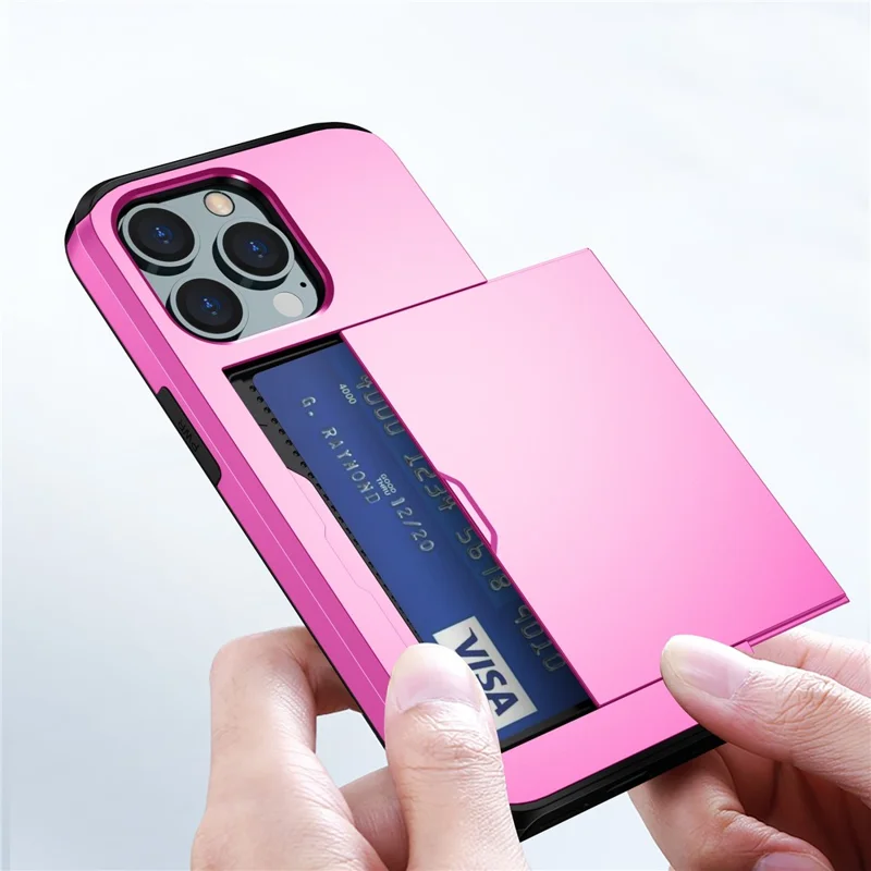 Slide Card Holder Phone Cover for iPhone 15 Pro , TPU + PC Dual Layer Phone Protective Case - Pink
