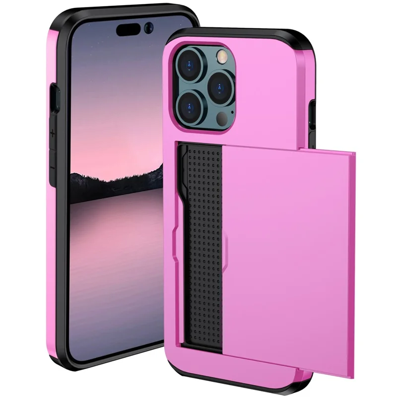 Slide Card Holder Phone Cover for iPhone 15 Pro , TPU + PC Dual Layer Phone Protective Case - Pink