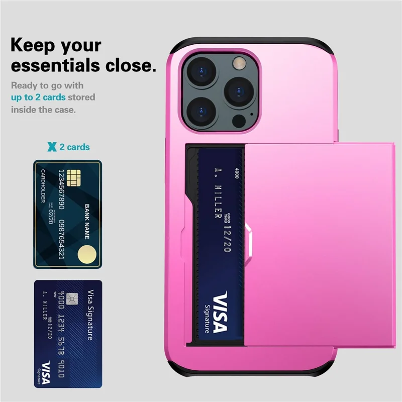 Slide Card Holder Phone Cover for iPhone 15 Pro , TPU + PC Dual Layer Phone Protective Case - Pink