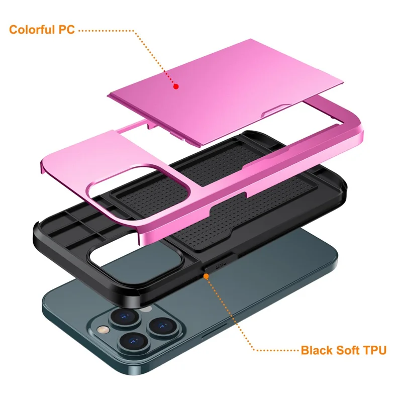 Slide Card Holder Phone Cover for iPhone 15 Pro , TPU + PC Dual Layer Phone Protective Case - Pink