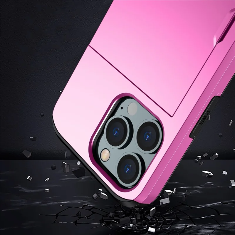 Slide Card Holder Phone Cover for iPhone 15 Pro , TPU + PC Dual Layer Phone Protective Case - Pink