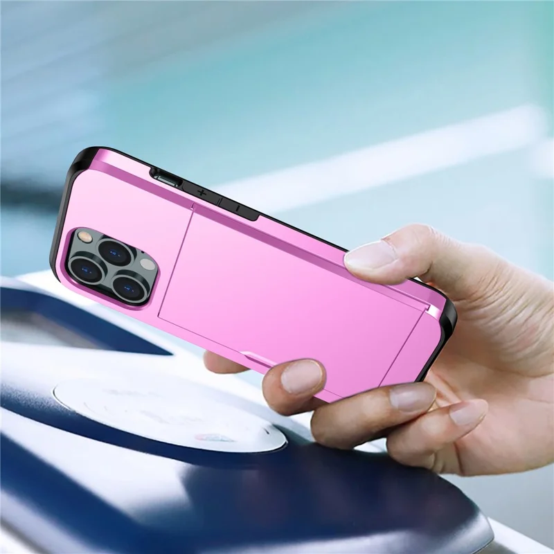 Slide Card Holder Phone Cover for iPhone 15 Pro , TPU + PC Dual Layer Phone Protective Case - Pink