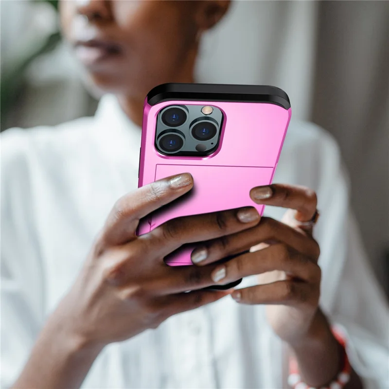 Slide Card Holder Phone Cover for iPhone 15 Pro , TPU + PC Dual Layer Phone Protective Case - Pink