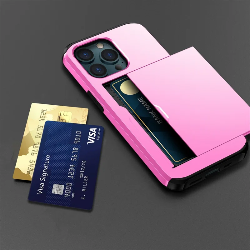 Slide Card Holder Phone Cover for iPhone 15 Pro , TPU + PC Dual Layer Phone Protective Case - Pink