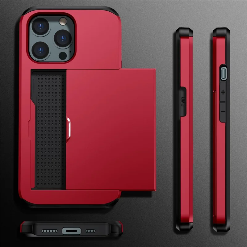 Чехол-держатель для телефона Slide Card для iPhone 15 Pro, двухслойный защитный чехол из TPU + PC - красный