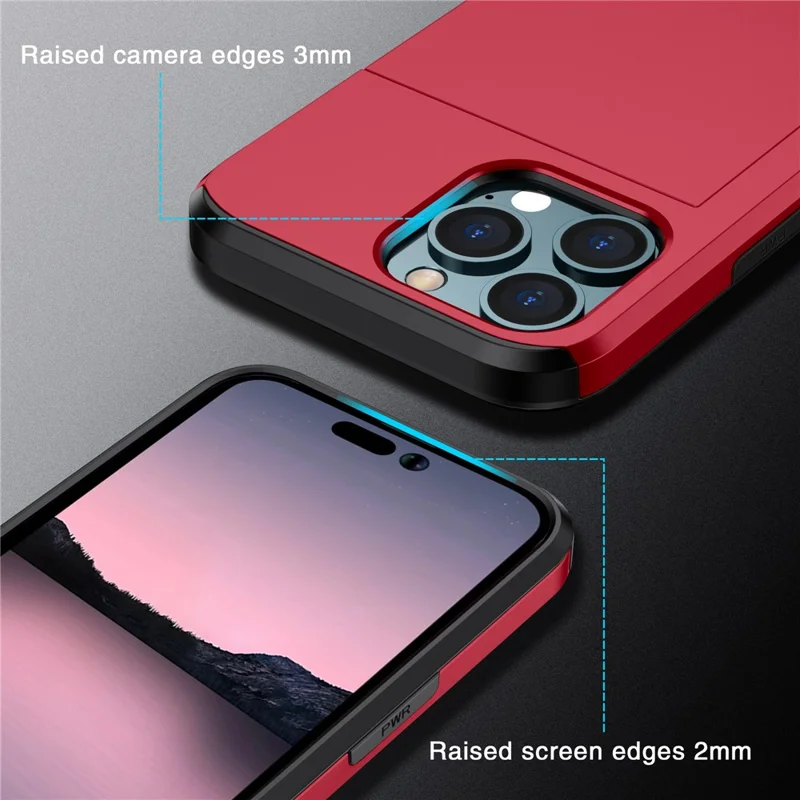 Чехол-держатель для телефона Slide Card для iPhone 15 Pro, двухслойный защитный чехол из TPU + PC - красный