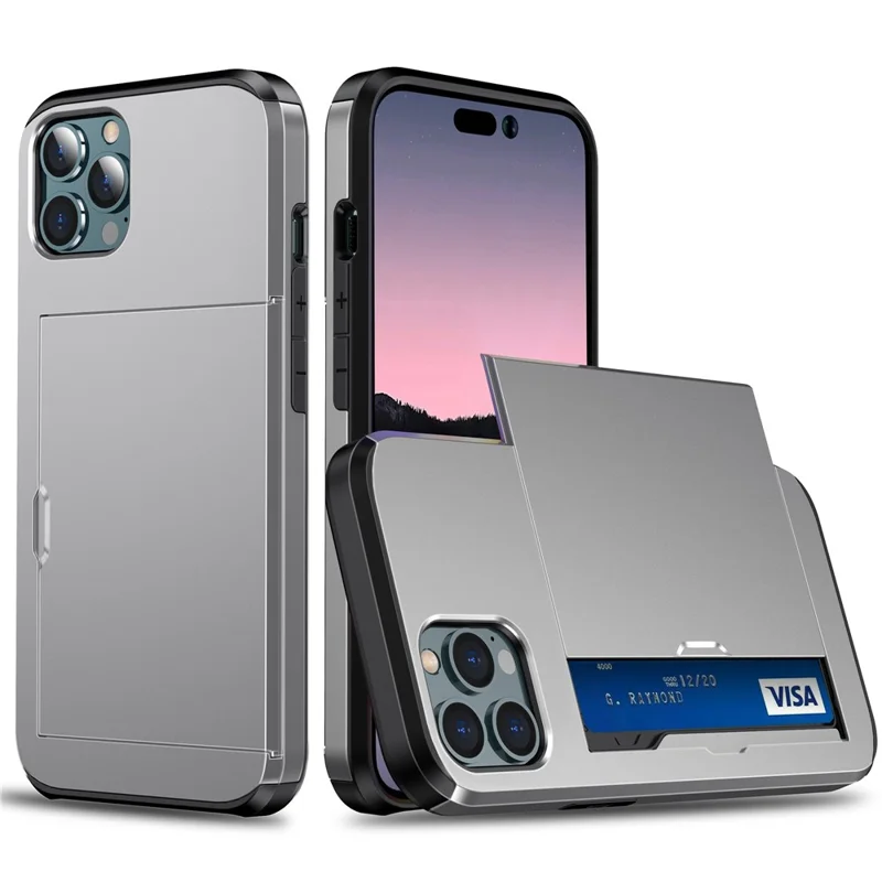 Slide Card Holder Phone Cover for iPhone 15 Pro , TPU + PC Dual Layer Phone Protective Case - Grey
