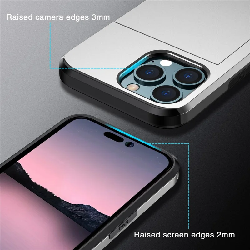 Slide Card Holder Phone Cover for iPhone 15 Pro , TPU + PC Dual Layer Phone Protective Case - Grey