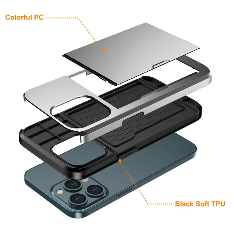 Slide Card Holder Phone Cover for iPhone 15 Pro , TPU + PC Dual Layer Phone Protective Case - Grey