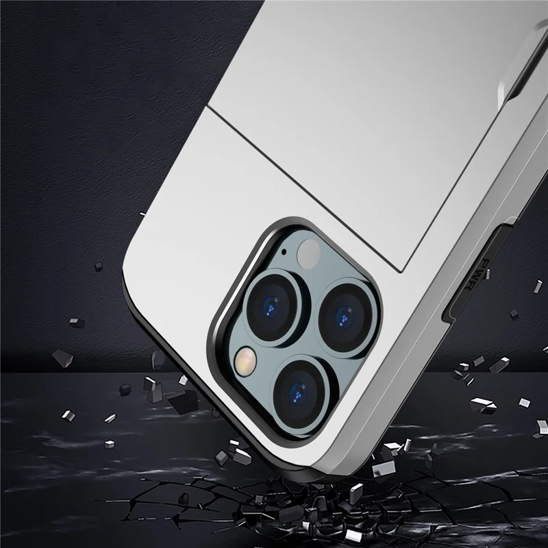 Slide Card Holder Phone Cover for iPhone 15 Pro , TPU + PC Dual Layer Phone Protective Case - Grey