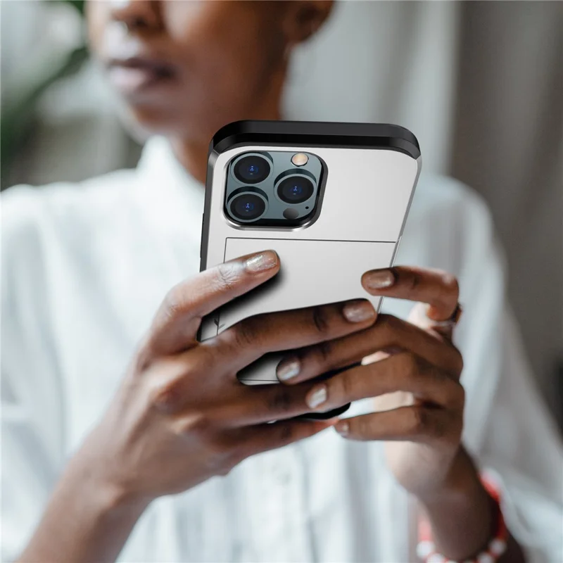 Slide Card Holder Phone Cover for iPhone 15 Pro , TPU + PC Dual Layer Phone Protective Case - Grey