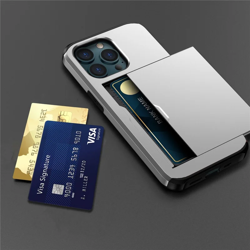 Slide Card Holder Phone Cover for iPhone 15 Pro , TPU + PC Dual Layer Phone Protective Case - Grey