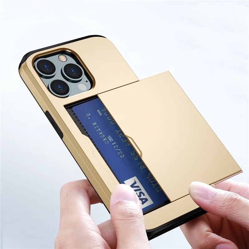 Estuche Protector de Teléfono con Compartimento para Tarjetas para iPhone 15 Pro, Carcasa de Doble Capa de TPU + PC - Oro