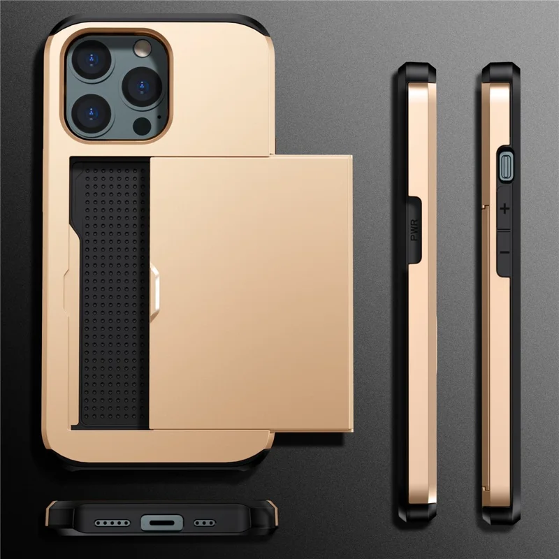 Estuche Protector de Teléfono con Compartimento para Tarjetas para iPhone 15 Pro, Carcasa de Doble Capa de TPU + PC - Oro