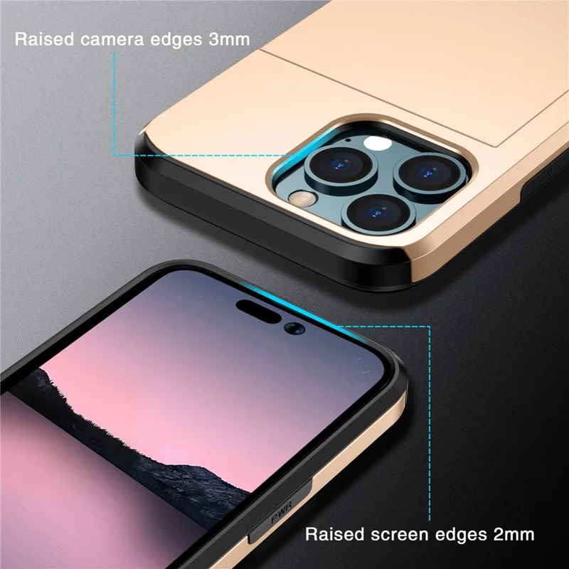 Estuche Protector de Teléfono con Compartimento para Tarjetas para iPhone 15 Pro, Carcasa de Doble Capa de TPU + PC - Oro