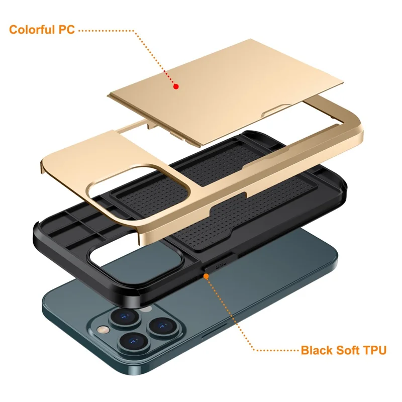 Estuche Protector de Teléfono con Compartimento para Tarjetas para iPhone 15 Pro, Carcasa de Doble Capa de TPU + PC - Oro