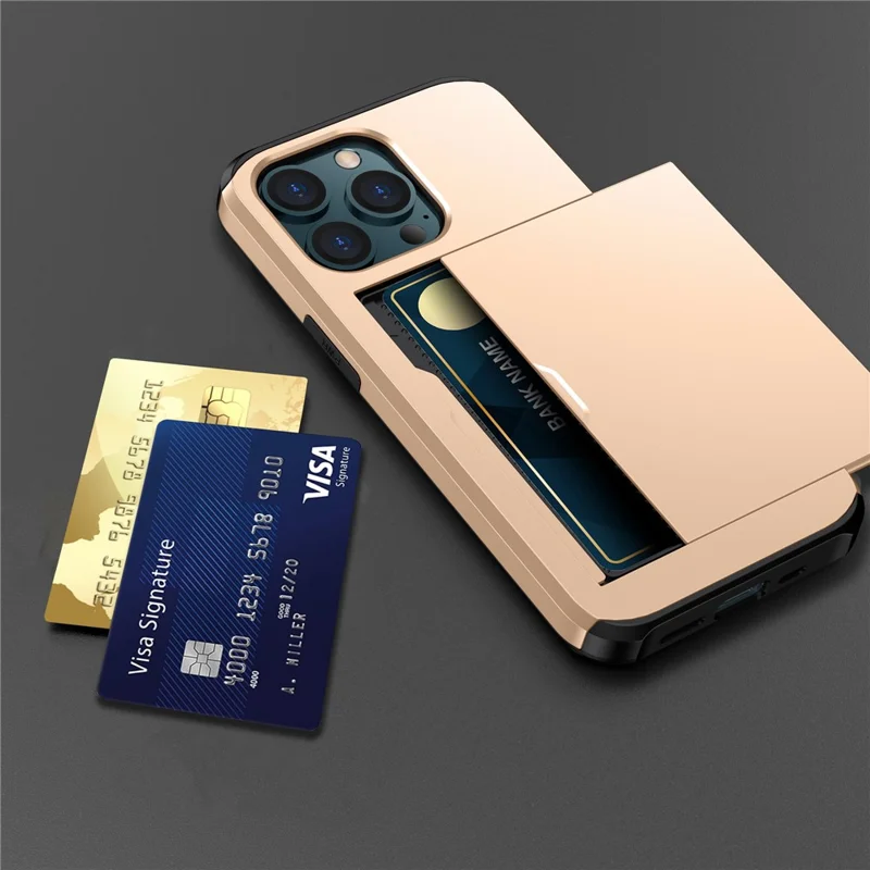 Estuche Protector de Teléfono con Compartimento para Tarjetas para iPhone 15 Pro, Carcasa de Doble Capa de TPU + PC - Oro