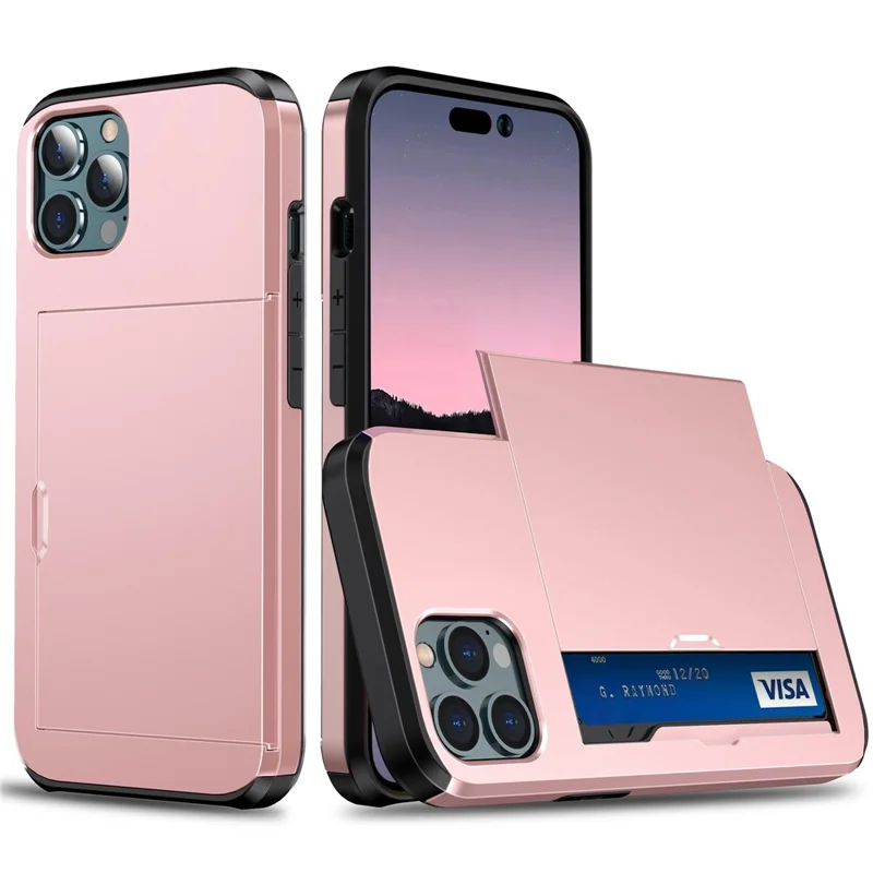 Slide Card Holder Phone Cover for iPhone 15 Pro , TPU + PC Dual Layer Phone Protective Case - Rose Gold