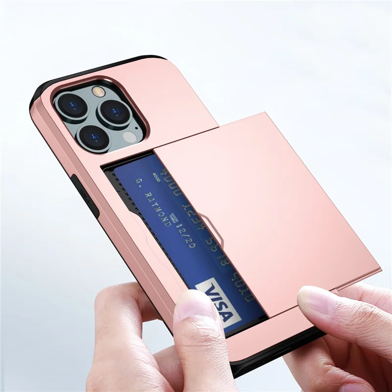 Slide Card Holder Phone Cover for iPhone 15 Pro , TPU + PC Dual Layer Phone Protective Case - Rose Gold