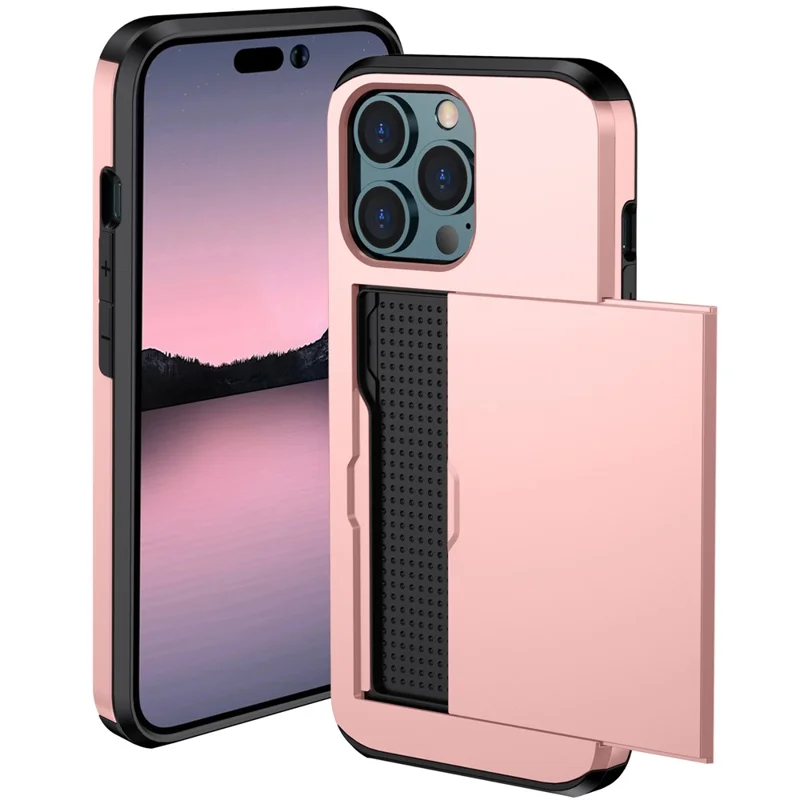 Slide Card Holder Phone Cover for iPhone 15 Pro , TPU + PC Dual Layer Phone Protective Case - Rose Gold