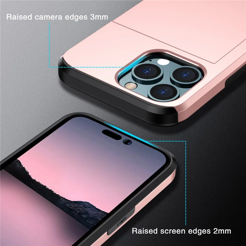 Slide Card Holder Phone Cover for iPhone 15 Pro , TPU + PC Dual Layer Phone Protective Case - Rose Gold