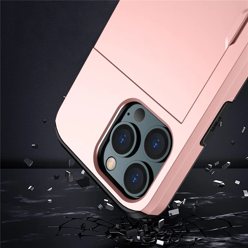 Slide Card Holder Phone Cover for iPhone 15 Pro , TPU + PC Dual Layer Phone Protective Case - Rose Gold