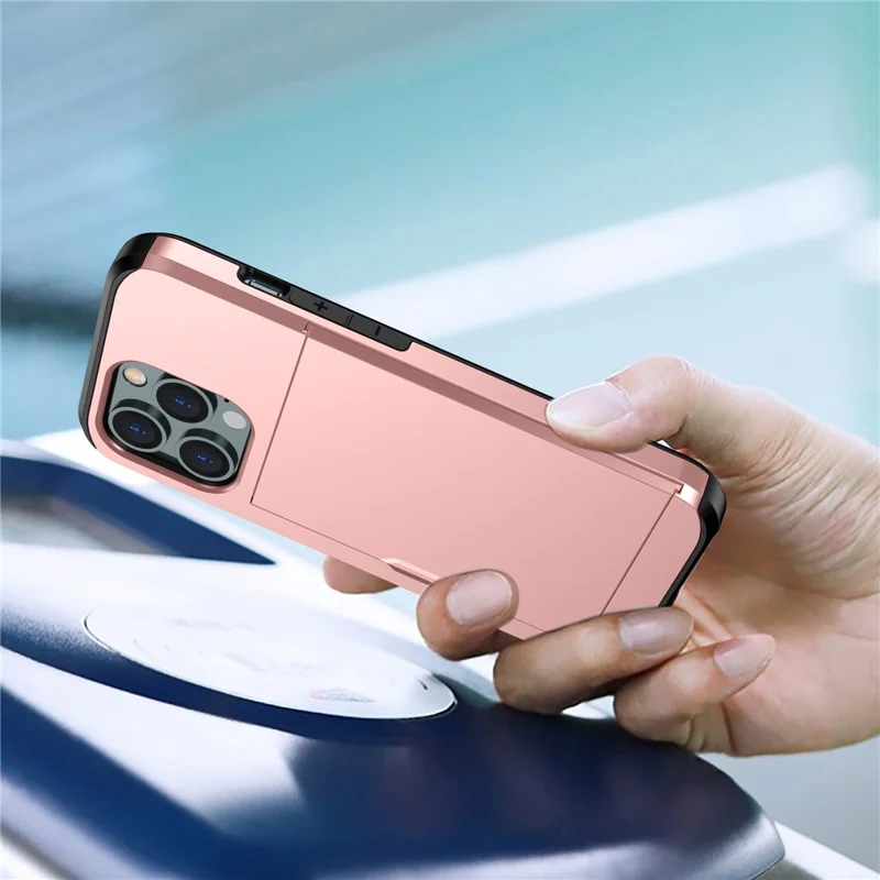 Slide Card Holder Phone Cover for iPhone 15 Pro , TPU + PC Dual Layer Phone Protective Case - Rose Gold