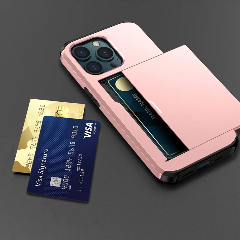Slide Card Holder Phone Cover for iPhone 15 Pro , TPU + PC Dual Layer Phone Protective Case - Rose Gold