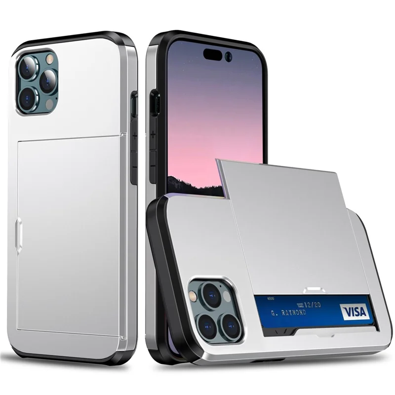 Slide Card Holder Phone Cover for iPhone 15 Pro , TPU + PC Dual Layer Phone Protective Case - Silver