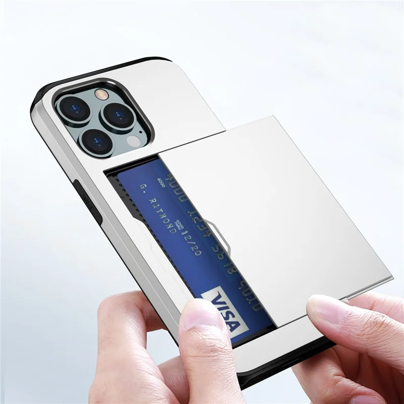 Slide Card Holder Phone Cover for iPhone 15 Pro , TPU + PC Dual Layer Phone Protective Case - Silver