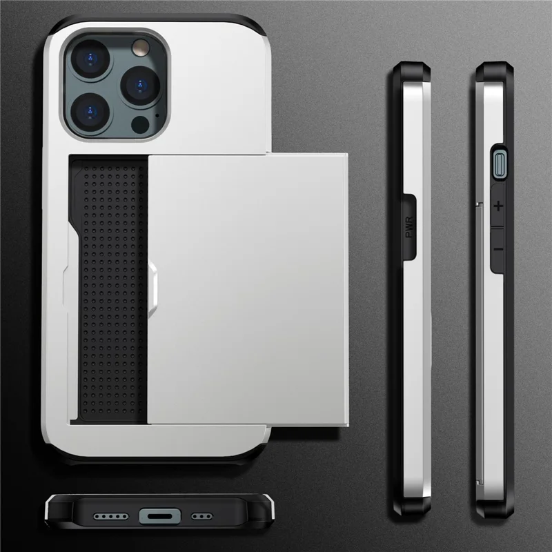 Slide Card Holder Phone Cover for iPhone 15 Pro , TPU + PC Dual Layer Phone Protective Case - Silver