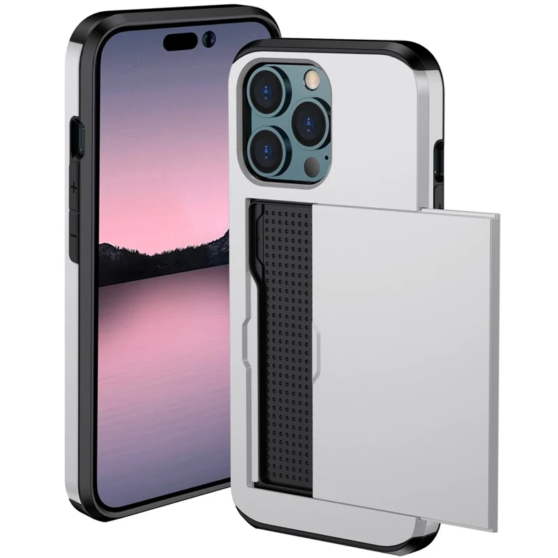 Slide Card Holder Phone Cover for iPhone 15 Pro , TPU + PC Dual Layer Phone Protective Case - Silver