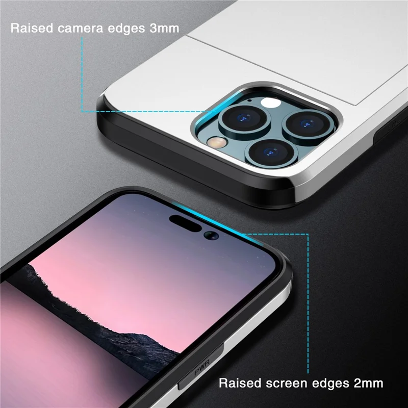 Slide Card Holder Phone Cover for iPhone 15 Pro , TPU + PC Dual Layer Phone Protective Case - Silver