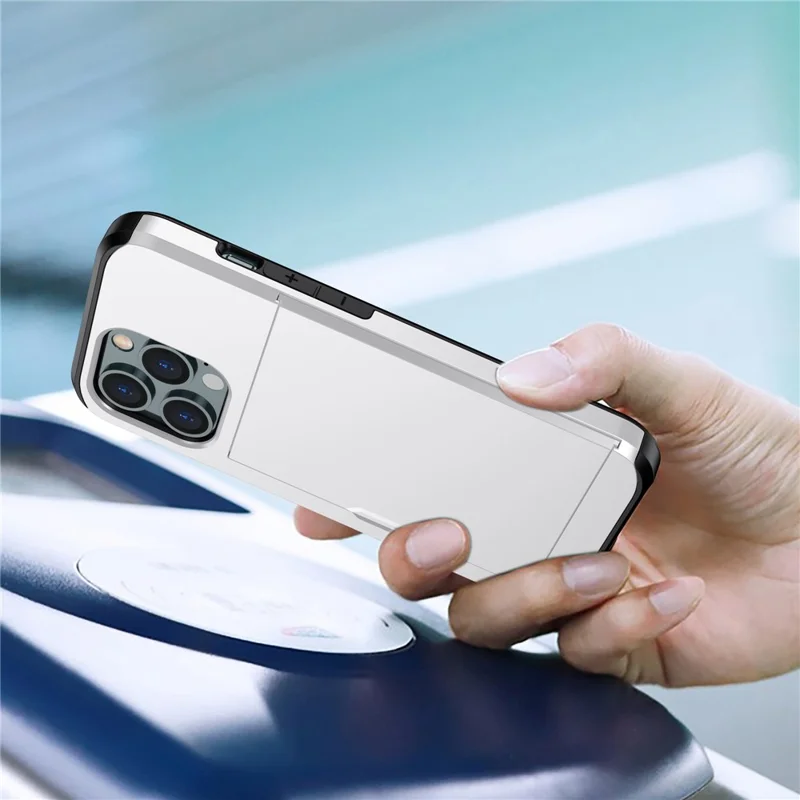 Slide Card Holder Phone Cover for iPhone 15 Pro , TPU + PC Dual Layer Phone Protective Case - Silver
