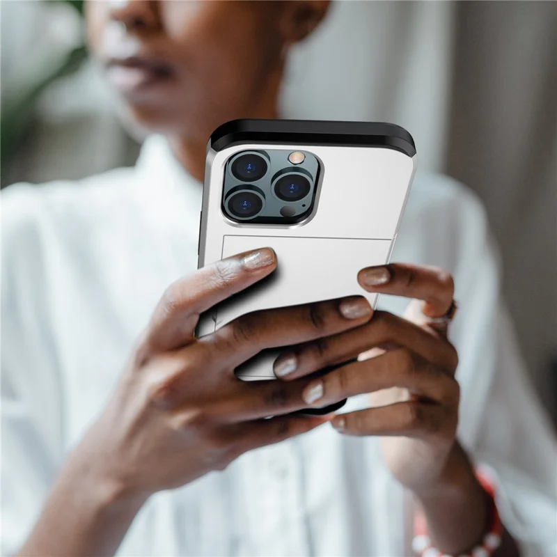 Slide Card Holder Phone Cover for iPhone 15 Pro , TPU + PC Dual Layer Phone Protective Case - Silver