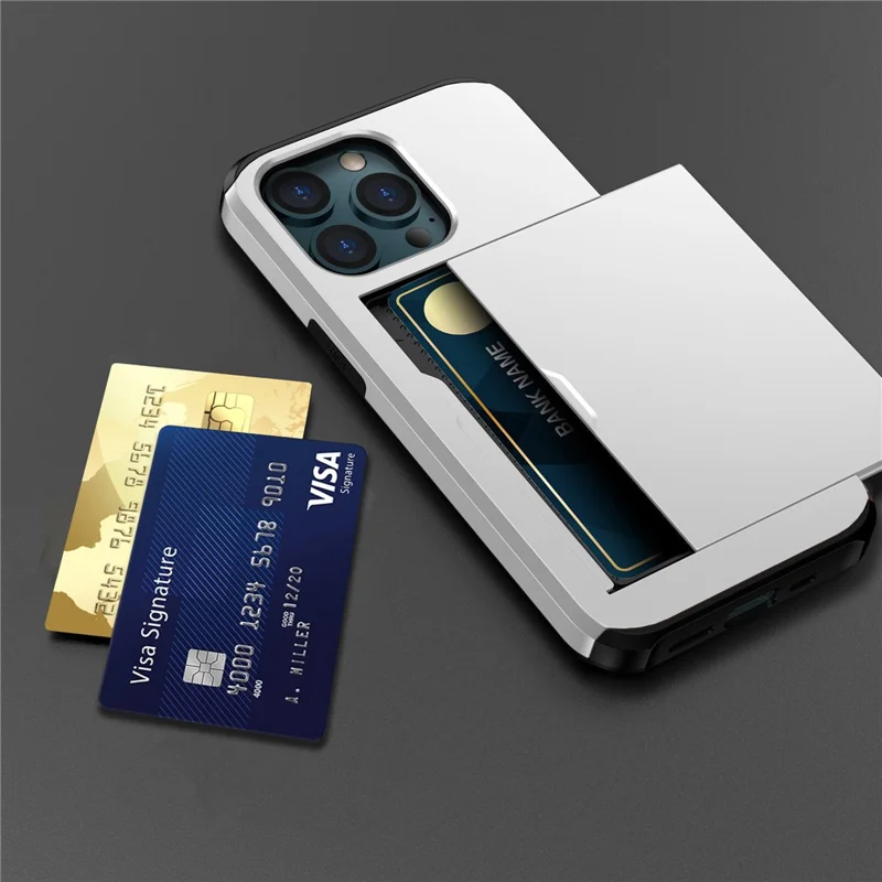 Slide Card Holder Phone Cover for iPhone 15 Pro , TPU + PC Dual Layer Phone Protective Case - Silver