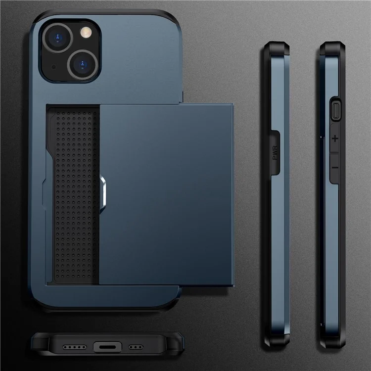 Slide Card Holder Protective Phone Case for iPhone 15 , TPU + PC Drop-proof Cell Phone Cover - Navy Blue