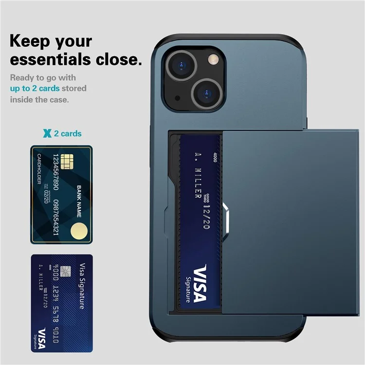 Slide Card Holder Protective Phone Case for iPhone 15 , TPU + PC Drop-proof Cell Phone Cover - Navy Blue