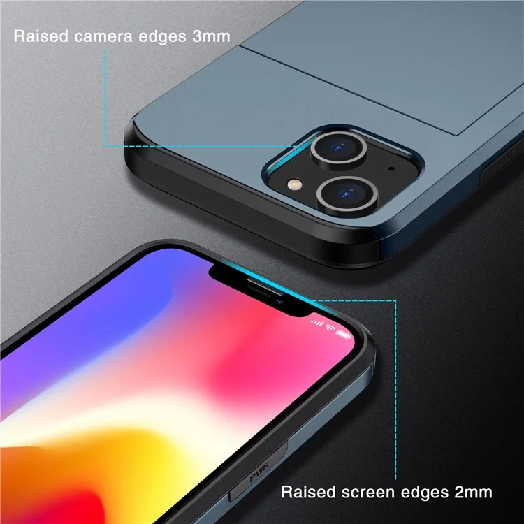 Slide Card Holder Protective Phone Case for iPhone 15 , TPU + PC Drop-proof Cell Phone Cover - Navy Blue