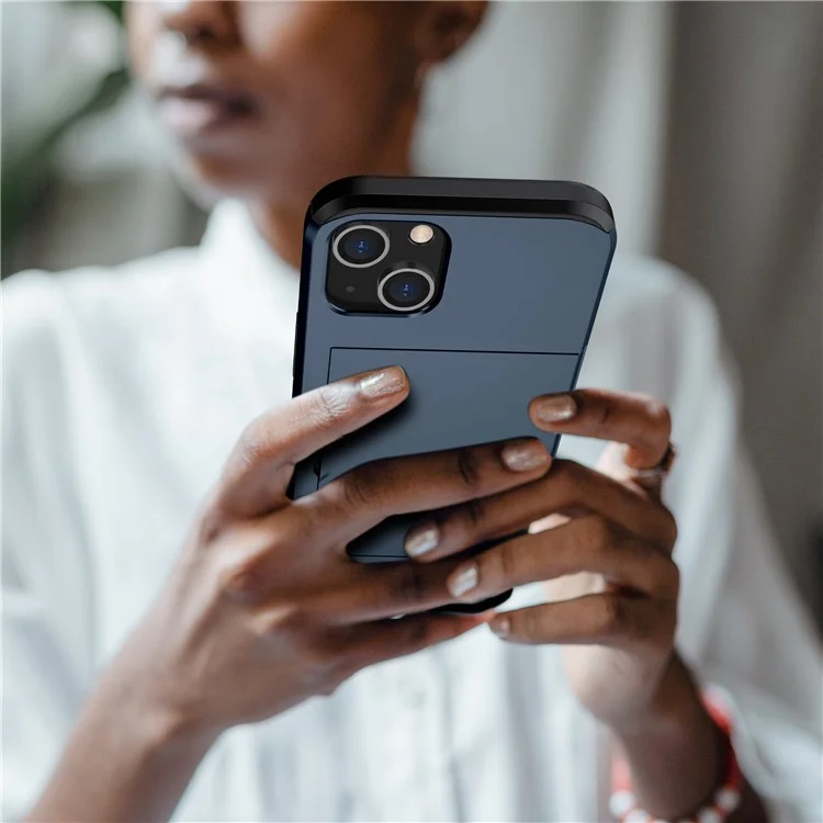 Slide Card Holder Protective Phone Case for iPhone 15 , TPU + PC Drop-proof Cell Phone Cover - Navy Blue