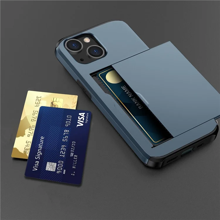 Slide Card Holder Protective Phone Case for iPhone 15 , TPU + PC Drop-proof Cell Phone Cover - Navy Blue
